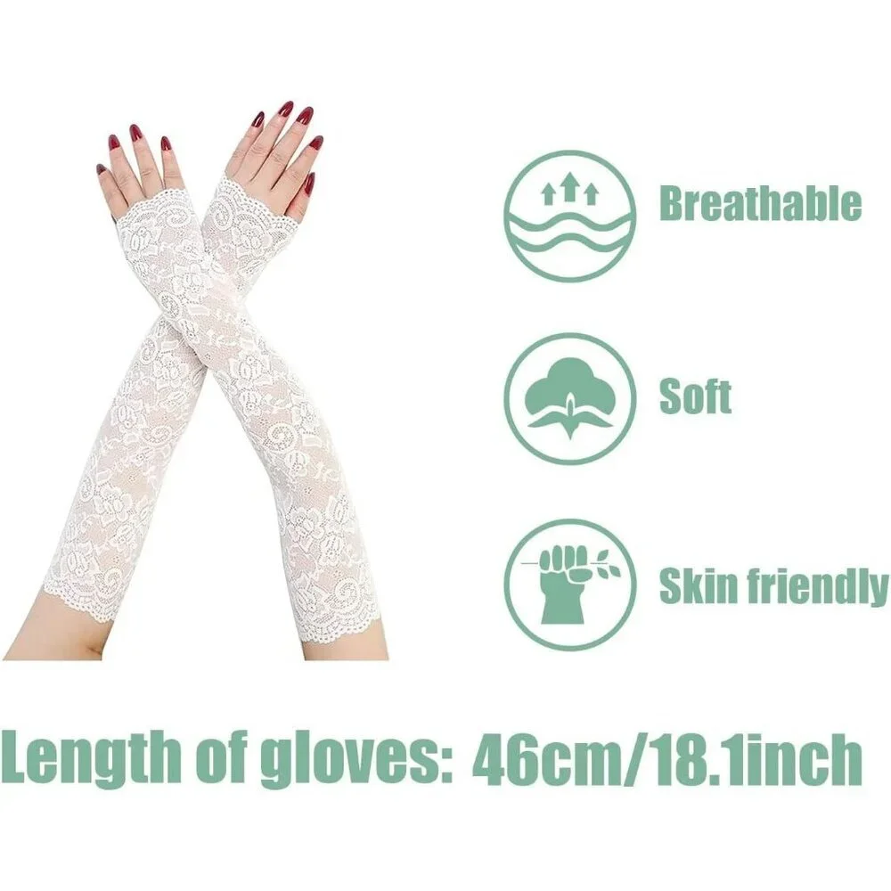 Women's A-White Floral Lace Long Arm Sleeves Hollow Fingerless Gloves Design